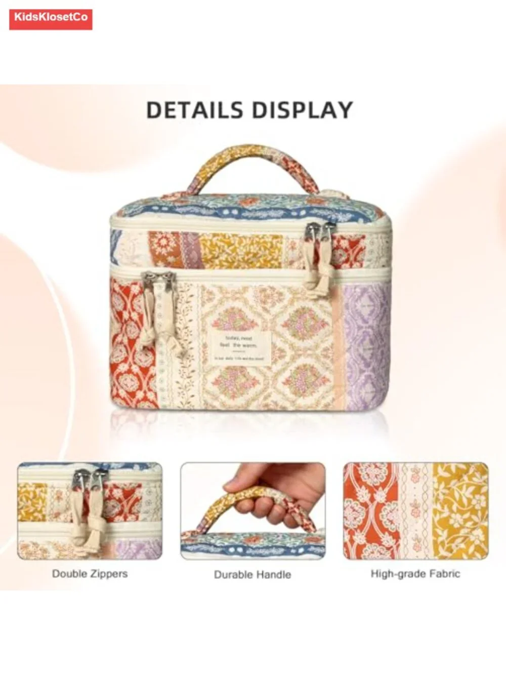 Large Capacity Quilted Cotton Cosmetic Bag Travel Toiletry Organizer with